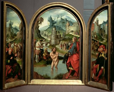 Triptychon der Reinigung von Naaman: Das Mittelteil zeigt Naaman, den Kommandanten der syrischen Armee, der im Jordanfluss badet, um seine Lepra auf Befehl des Propheten Elisha zu heilen von Cornelis Engebrechtsz